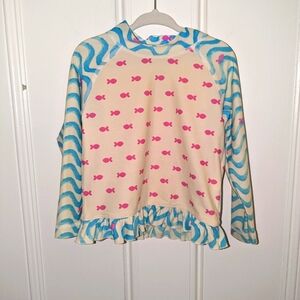 LL bean ruffle swim shirt girls 3T fish White Pink Blue